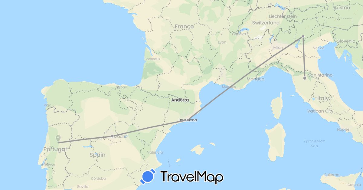 TravelMap itinerary: driving, plane in Spain, Italy, Portugal (Europe)